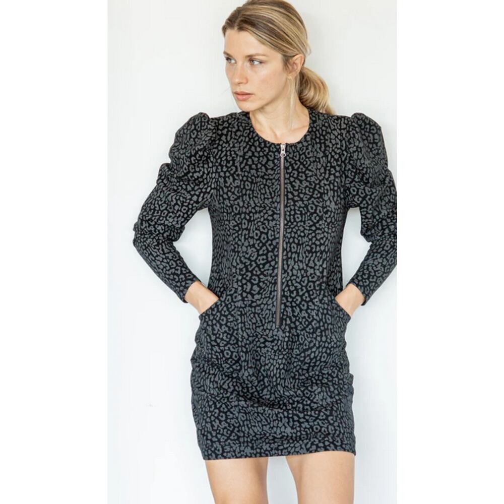 Sundays Iva Cheetah Print Dress Black Grey Mini Zip Up Puffed Sleeve Bratzcore